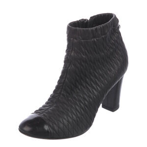 Chanel Leather Block Heel Cap Toe Quilted Ankle Booties Black Women's Size EU 40